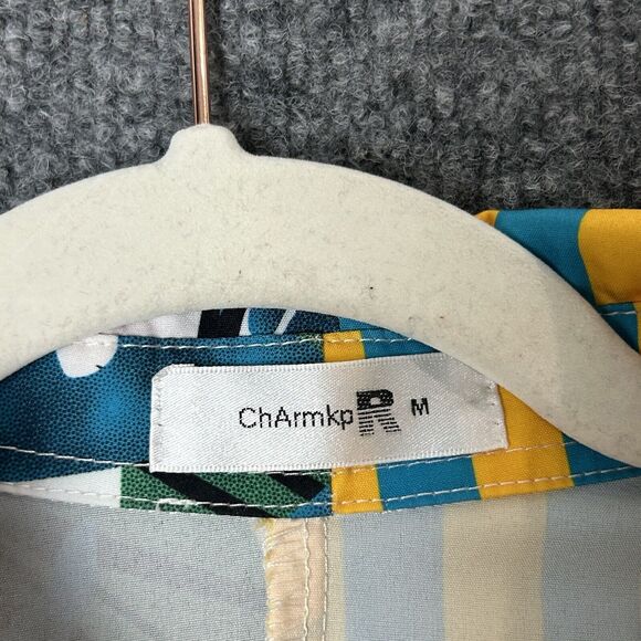 ChArmkp Men's Short Sleeve Polyester Button Up Floral Striped Shirt Size Medium - Picture 3 of 7